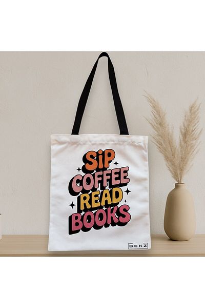 BEKZ Sacosa Textila Cu Fermoar, Geanta Tote, Model Sip Coffee Read Books 38 X 34.5 Cm, Alb, ®