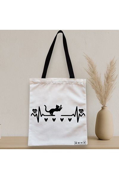 BEKZ Sacosa Textila Cu Fermoar, Geanta Tote, Model Cat Love 2, 38x34.5 Cm, Alba, ®