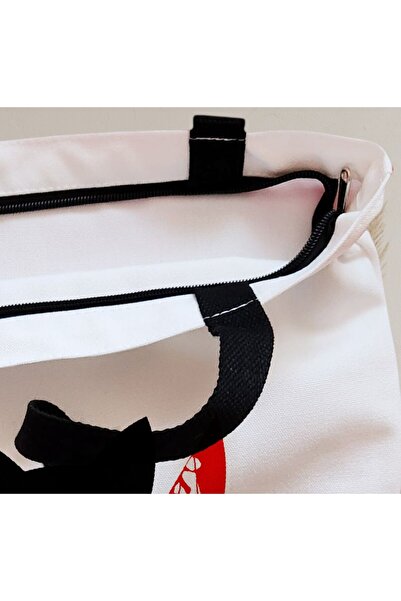 BEKZ Sacosa Textila Cu Fermoar, Geanta Tote, Model Funny Black Cat, 38x34.5 Cm, Alba, ®