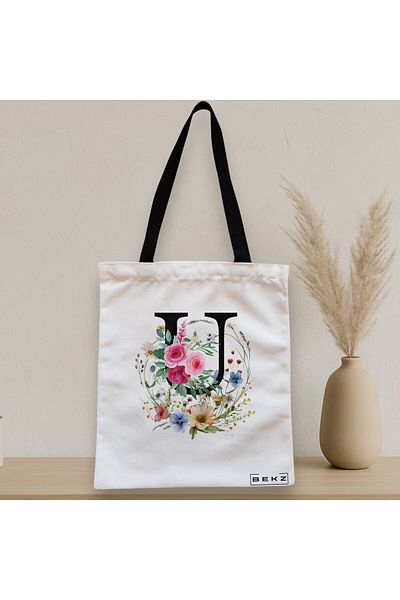 BEKZ Textile Bag With Zipper, Tote Bag, With Letter U In Floral Wreath, 38x34.5 Cm, ​​White, ®