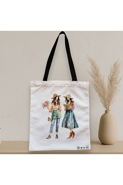 BEKZ Textile Bag With Zipper, Tote Bag, Model The Reading Girls 38 X 34.5 Cm, ​​White, ®