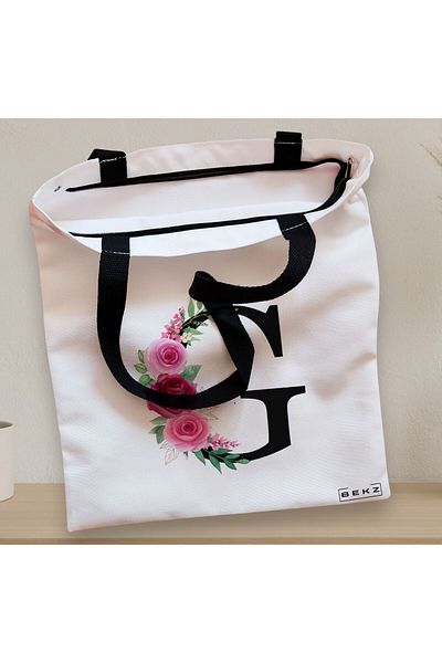BEKZ Sacosa Textila Cu Fermoar, Geanta Tote, Cu Litera G Si Trandafiri, 38x34.5 Cm, Alba, ®