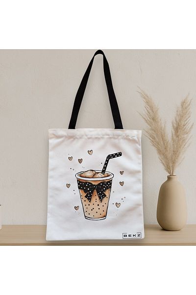 BEKZ Sacosa Textila Cu Fermoar, Geanta Tote, Model Caffeine Lover 1 38 X 34.5 Cm, Alb, ®