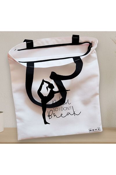 BEKZ Sacosa Textila Cu Fermoar, Geanta Tote Yoga I Bend So I Don't Break, 38x34.5 Cm, Alba, ®