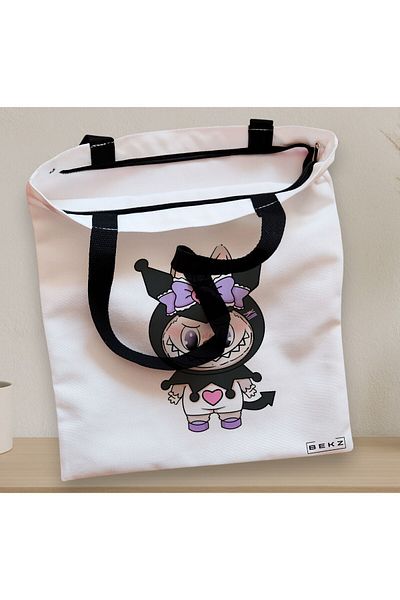 BEKZ Sacosa Textila Cu Fermoar, Geanta Tote, Model Labubu 10 38 X 34.5 Cm, Alb, ®