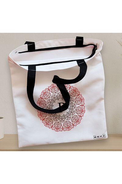 BEKZ Textile Bag With Zipper, Tote Bag, With Letter P And Mandala, 38x34.5 Cm, ​​White, ®