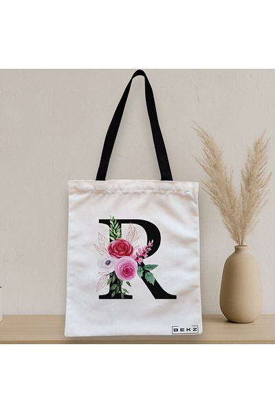 BEKZ Sacosa Textila Cu Fermoar, Geanta Tote, Cu Litera R Si Trandafiri, 38x34.5 Cm, Alba, ®