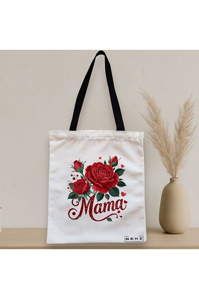 BEKZ Sacosa Textila Cu Fermoar, Geanta Tote, Model Mama Red Roses 38 X 34.5 Cm, Alb, ®