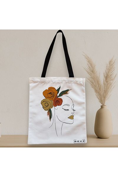 BEKZ Sacosa Textila Cu Fermoar, Geanta Tote, Flower Lady 15, 38x34.5 Cm, Alba, ®