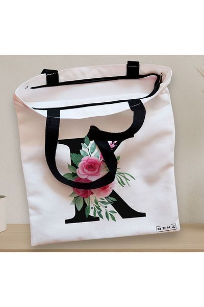 BEKZ Textile Bag With Zipper, Tote Bag, With Letter K And Roses, 38x34.5 Cm, ​​White, ®
