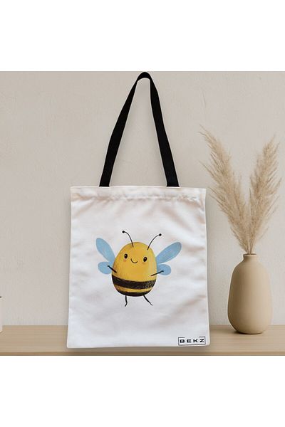 BEKZ Sacosa Textila Cu Fermoar, Geanta Tote, Model The Happy Bee 38 X 34.5 Cm, Alb, ®