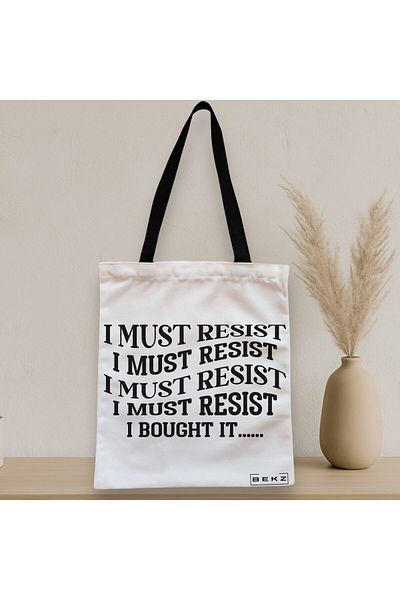 BEKZ Sacosa Textila Cu Fermoar, Geanta Tote, Model I Must Restist, 38x34.5 Cm, Alba, ®