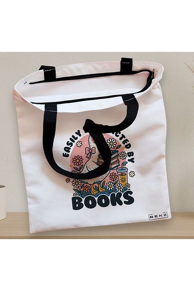 BEKZ Zippered Textile Bag, Tote Bag, Easily Distracted By Books Model, 38 X 34.5 Cm, ​​White, ®