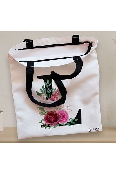 BEKZ Sacosa Textila Cu Fermoar, Geanta Tote, Cu Litera L Si Trandafiri, 38x34.5 Cm, Alba, ®