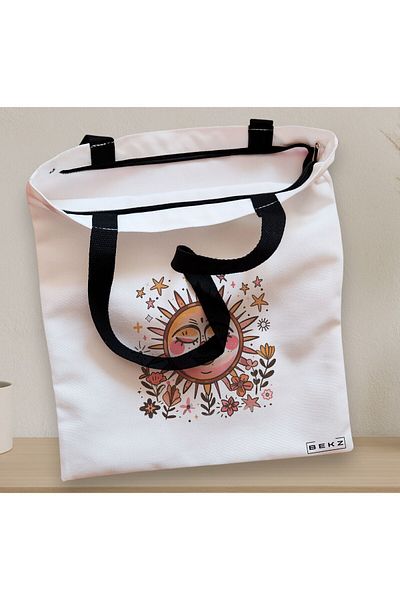 BEKZ Sacosa Textila Cu Fermoar, Geanta Tote Happy Sun, 38x34.5 Cm, Alba, ®