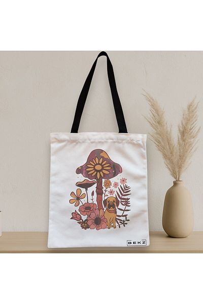 BEKZ Sacosa Textila Cu Fermoar, Geanta Tote Colorful Mushrooms 6, 38x34.5 Cm, Alba, ®