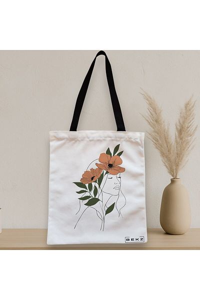 BEKZ Sacosa Textila Cu Fermoar, Geanta Tote, Flower Lady 18, 38x34.5 Cm, Alba, ®