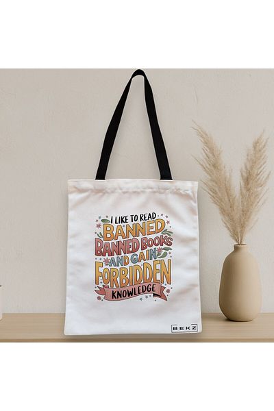 BEKZ Textile Bag With Zipper, Tote Bag, Model I Read Banned Books 3 38 X 34.5 Cm, ​​White, ®