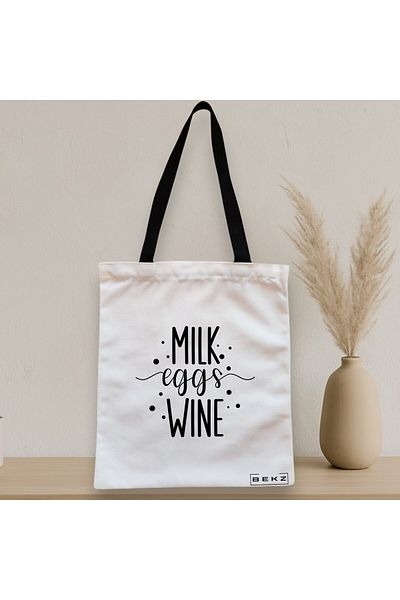 BEKZ Textile Bag With Zipper, Tote Bag, Milk Eggs Wine Model, 38x34.5 Cm, ​​White, ®
