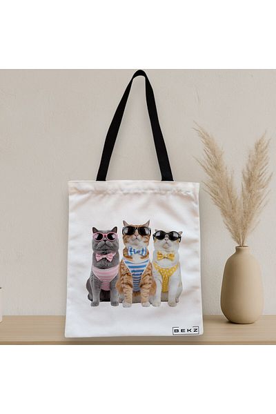 BEKZ Sacosa Textila Cu Fermoar, Geanta Tote, Model Catlife 38 X 34.5 Cm, Alb, ®