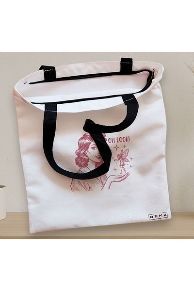 BEKZ Sacosa Textila Cu Fermoar, Geanta Tote, Model Fairy Encounter 38 X 34.5 Cm, Alb, ®