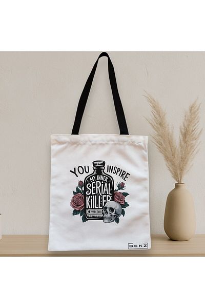 BEKZ Zippered Textile Bag, Tote Bag, Model You Inspire My Inner Serial Killer 38 X 34.5 Cm, ​​White,