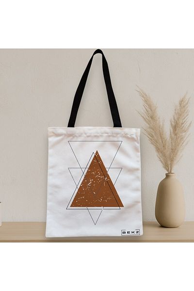 BEKZ Sacosa Textila Cu Fermoar, Geanta Tote, Model Triangles Art, 38x34.5 Cm, Alba, ®