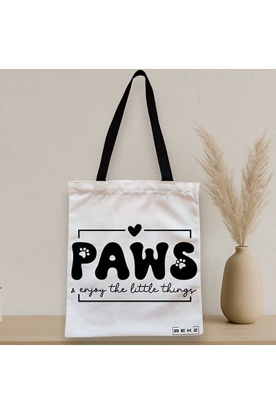 BEKZ Sacosa Textila Cu Fermoar, Geanta Tote, Model Paws Enjoy The Little Things 38 X 34.5 Cm, Alb, ®