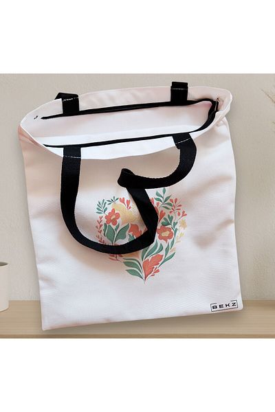 BEKZ Textile Bag With Zipper, Tote Bag, Floral Heart Pattern, 38x34.5 Cm, ​​White, ®