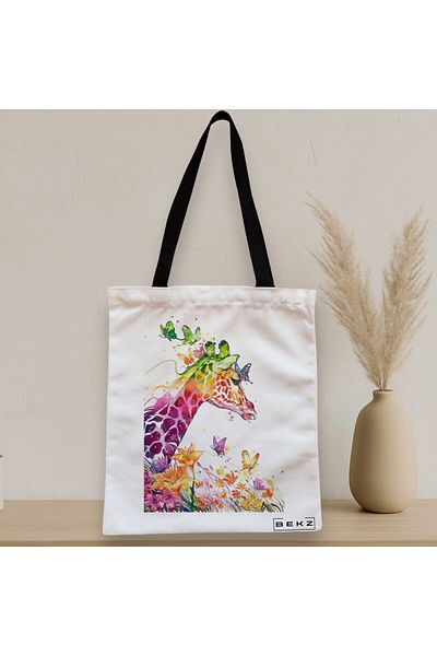 BEKZ Textile Bag With Zipper, Tote Bag, Colorful Giraffe Pattern, 38x34.5 Cm, ​​White, ®