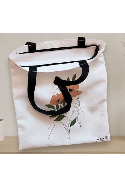 BEKZ Sacosa Textila Cu Fermoar, Geanta Tote, Flower Lady 18, 38x34.5 Cm, Alba, ®