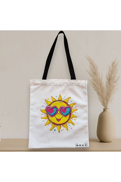 BEKZ Sacosa Textila Cu Fermoar, Geanta Tote, Model Sun Faces 3 38 X 34.5 Cm, Alb, ®