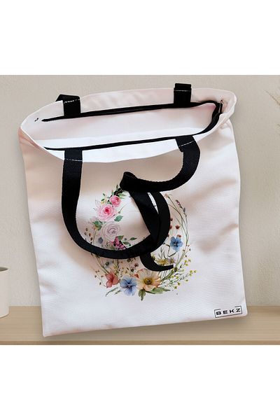 BEKZ Sacosa Textila Cu Fermoar, Geanta Tote, Cu Litera Q In Coronita Florala, 38x34.5 Cm, Alba, ®