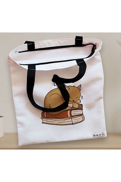 BEKZ Sacosa Textila Cu Fermoar, Geanta Tote, Model Cat Booky Life, 38 X 34.5 Cm, Alb, ®