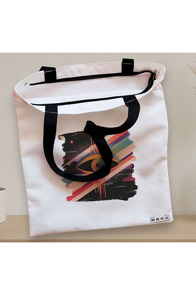 BEKZ Sacosa Textila Cu Fermoar, Geanta Tote, Model Celestial Eye 12, 38x34.5 Cm, Alba, ®