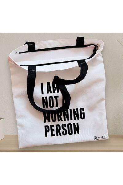 BEKZ Sacosa Textila Cu Fermoar, Geanta Tote, Model I Am Not A Morning Person, 38x34.5 Cm, Alba, ®