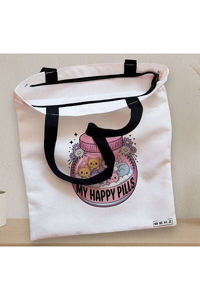 BEKZ Sacosa Textila Cu Fermoar, Geanta Tote, Model My Happy Pills 38 X 34.5 Cm, Alb, ®