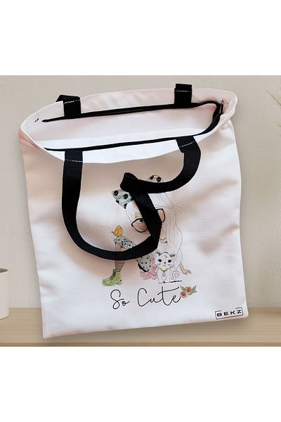 BEKZ Textile Bag With Zipper, Tote Bag, So Cute Model, 38x34.5 Cm, ​​White, ®