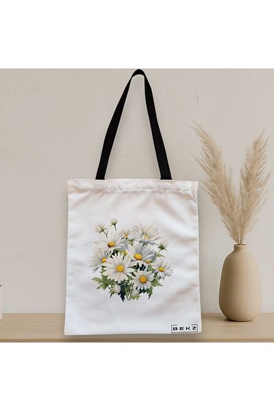BEKZ Sacosa Textila Cu Fermoar, Geanta Tote, Model Flower Bouquet 1, 38 X 34.5 Cm, Alb, ®