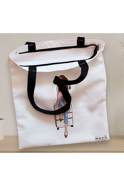 BEKZ Sacosa Textila Cu Fermoar, Geanta Tote Travel Girl, 38x34.5 Cm, Alba, ®