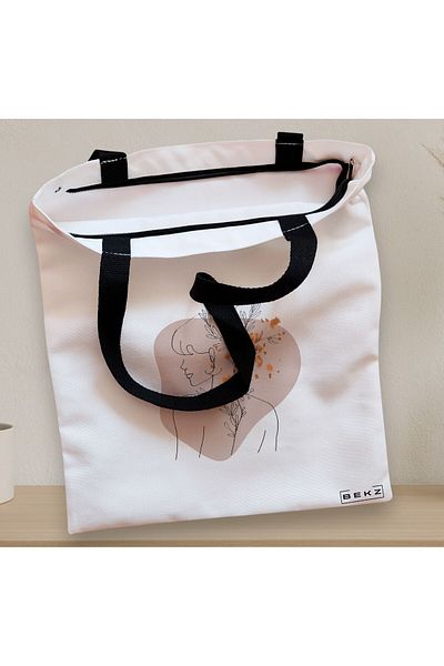 BEKZ Sacosa Textila Cu Fermoar, Geanta Tote, Model Flower Girl, 38x34.5 Cm, Alba, ®
