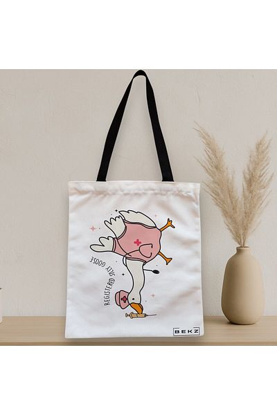 BEKZ Sacosa Textila Cu Fermoar, Geanta Tote, Model Silly Goose 5, 38 X 34.5 Cm, Alb, ®