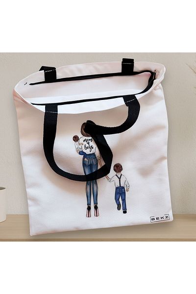 BEKZ Sacosa Textila Cu Fermoar, Geanta Tote, Model Mom Of Boys, 38x34.5 Cm, Alba, ®
