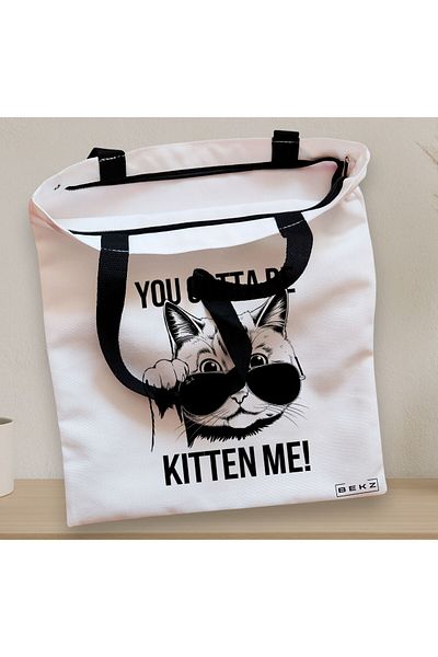 BEKZ Textile Bag With Zipper, Tote Bag, Model You Gotta Be Kitten Me, 38 X 34.5 Cm, ​​White, ®