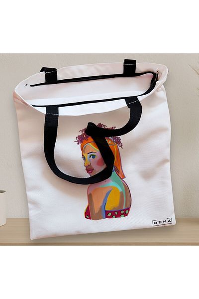 BEKZ Sacosa Textila Cu Fermoar, Geanta Tote, Model Portret Vibrant 3, 38x34.5 Cm, Alba, ®