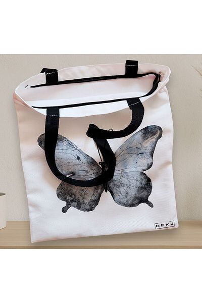 BEKZ Sacosa Textila Cu Fermoar, Geanta Tote, Model Watercolor Butterfly 2, 38x34.5 Cm, Alba, ®