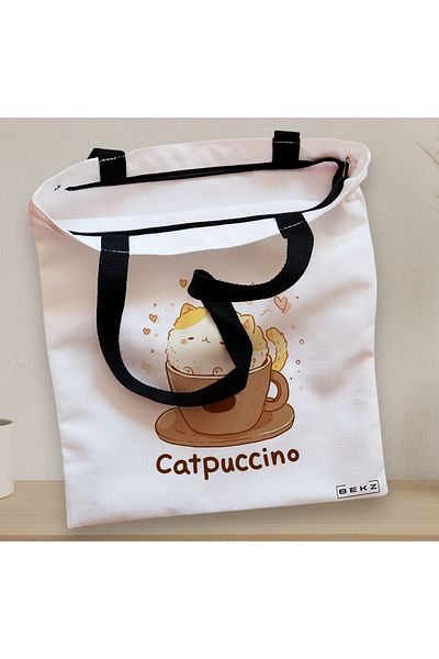 BEKZ Sacosa Textila Cu Fermoar, Geanta Tote, Model Catpuccino, 38 X 34.5 Cm, Alb, ®