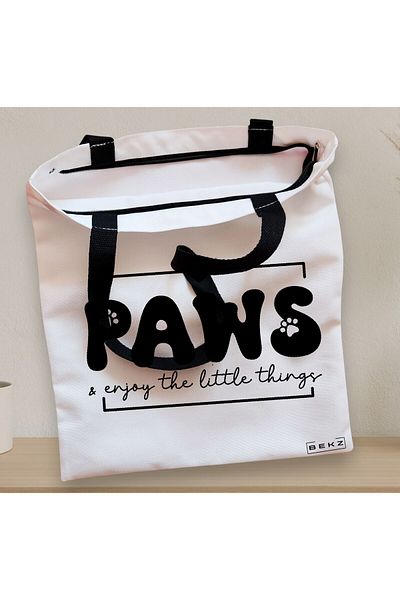 BEKZ Sacosa Textila Cu Fermoar, Geanta Tote, Model Paws Enjoy The Little Things 38 X 34.5 Cm, Alb, ®