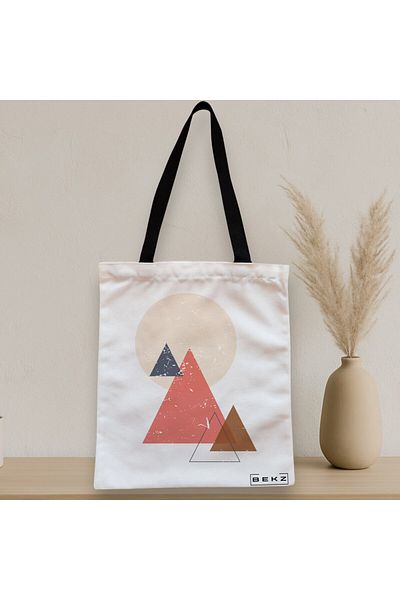 BEKZ Sacosa Textila Cu Fermoar, Geanta Tote, Model Triangles, 38x34.5 Cm, Alba, ®