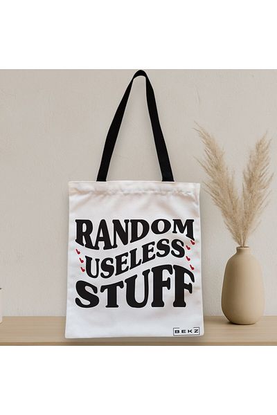 BEKZ Sacosa Textila Cu Fermoar, Geanta Tote, Model Random Useless Stuff, 38x34.5 Cm, Alba, ®